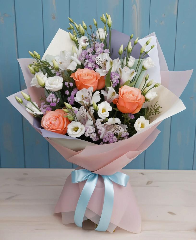 Букет цветов из: Лизиантусы, Розы, Альстромерии и Гипсофила в Коммунаре Курской области