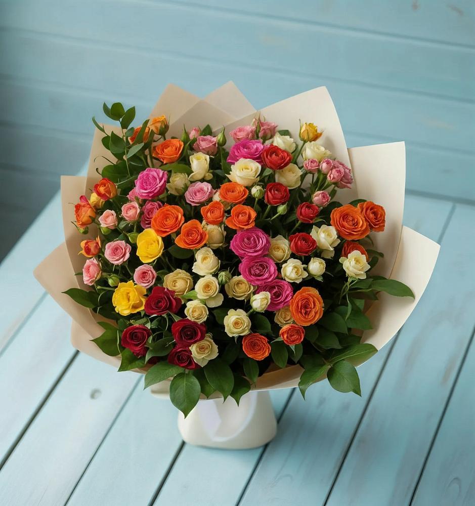 Букет Микс из разноцветных кустовых роз в Коммунаре Курской области