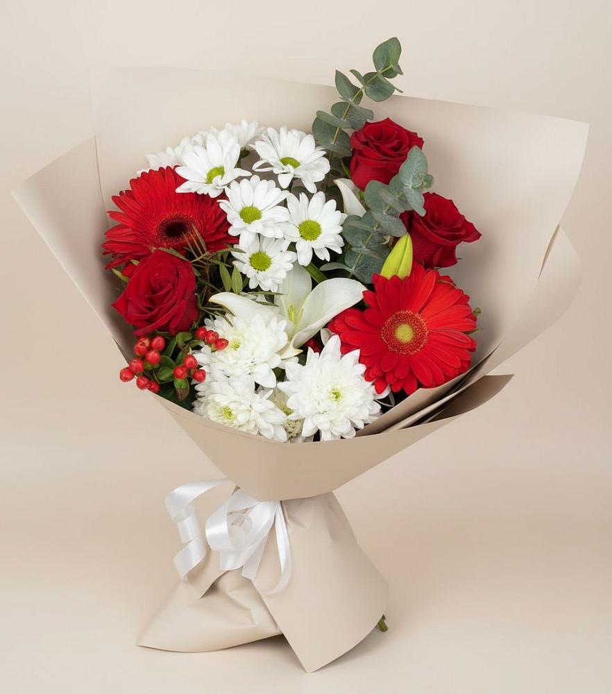 Букет цветов из: Розы, Хризантемы, Герберы и Лилии в Коммунаре Курской области