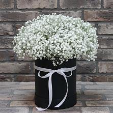 Цветочная композиция из Гипсофила в шляпной коробке в Коммунаре Курской области