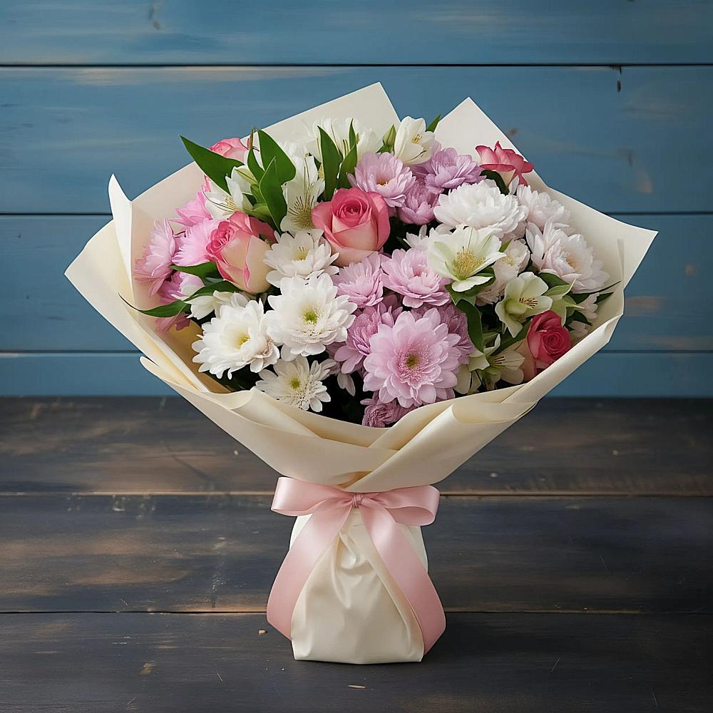 Букет цветов из: Хризантемы, Альстромерии и Розы в Коммунаре Курской области